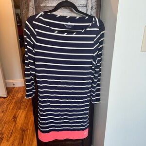 Navy and White Striped Dress with Pink Hem